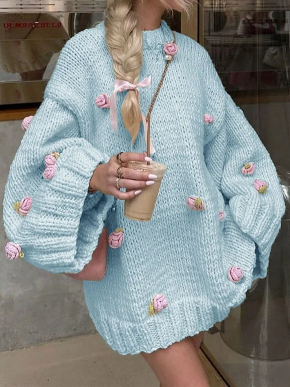 Baby Blue Women's Casual Cute Knitted Embroidered 3D Floral Sweater